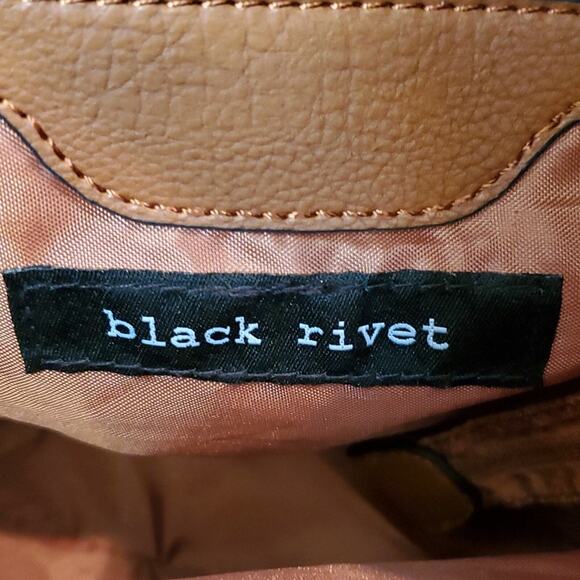 Black Rivet Purse Two Tone Black and Cognac Double Handle Bag w/Shoulder Strap - Picture 6 of 16